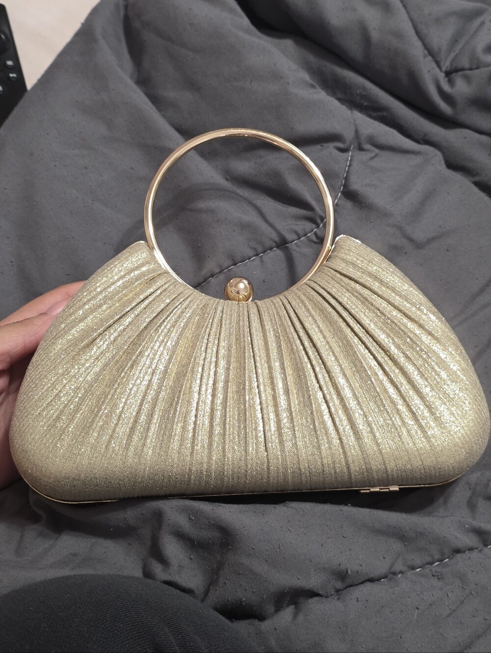 Gold Metallic Ring-Handle Evening Clutch Handbag